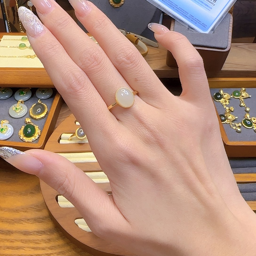 和田玉戒指银S925镀金镶嵌