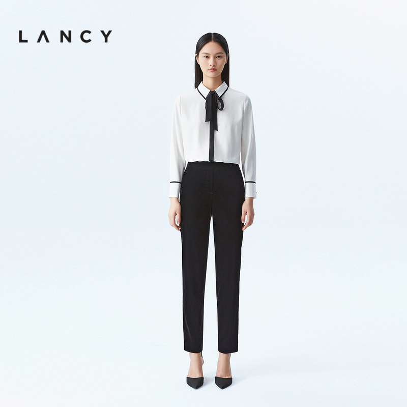 【专柜同款】LANCY/朗姿秋季新款高腰法式黑色丝绒显瘦长裤女职