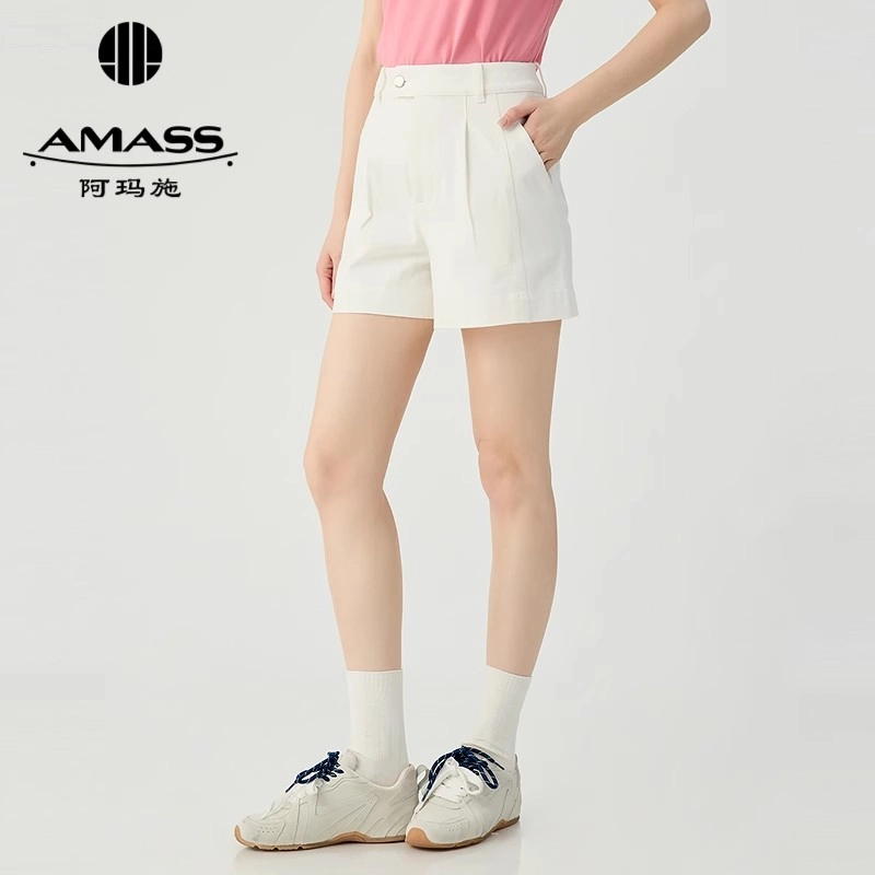 阿玛施AMASS随性出行百搭时尚做褶牛仔短裤白色高腰休闲裤510003