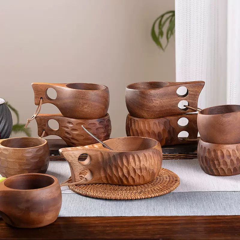 北欧芬兰杯复古木杯牛奶杯登山杯饮水杯创意相思木手柄杯木杯家用