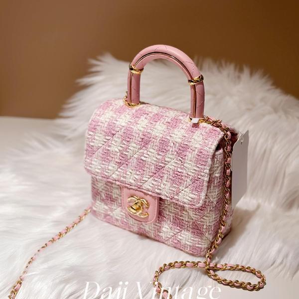 大吉中古/Chanel香奈儿粉色粗花呢手柄斜挎包