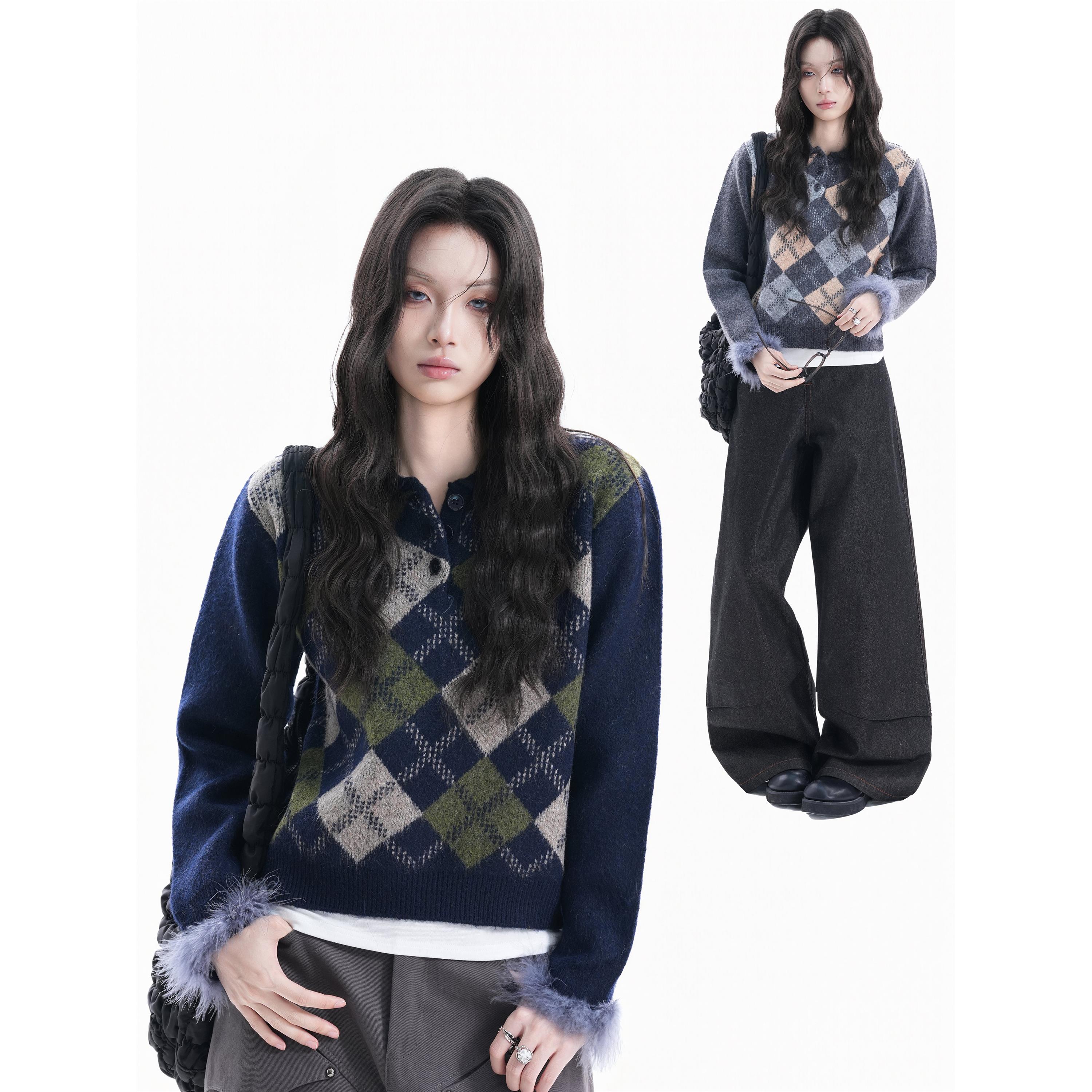 【坐吃山空】美式复古vintage菱格针织衫女秋季小个子短款毛衣ins