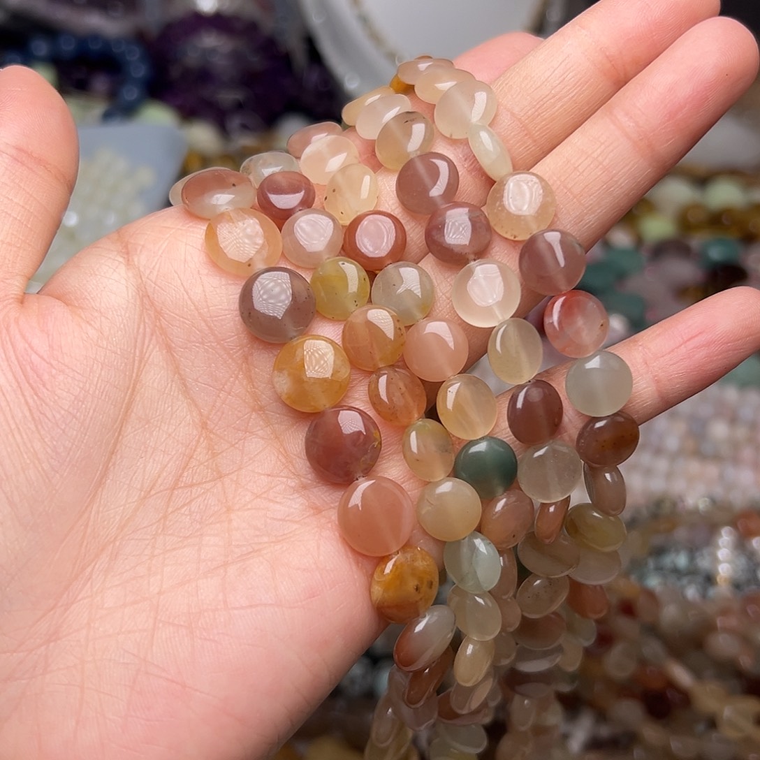 玛瑙/玉髓合金珠宝半成品11mm彩兔毛圆饼一条