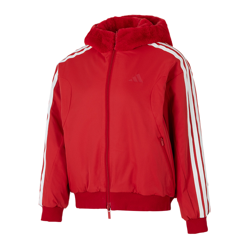 adidas阿迪达斯针织连帽夹克女2025新款红色宽松休闲外套[流光风]