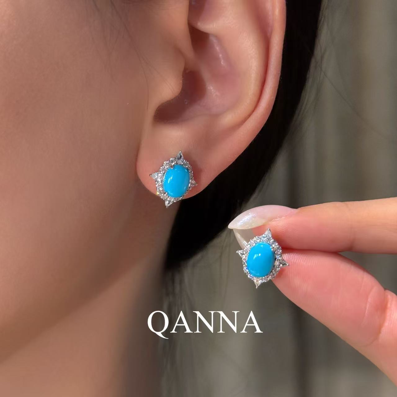 QANNA【豪华绿松石】【繁花设计款】名媛风富贵时尚美松石耳钉CD