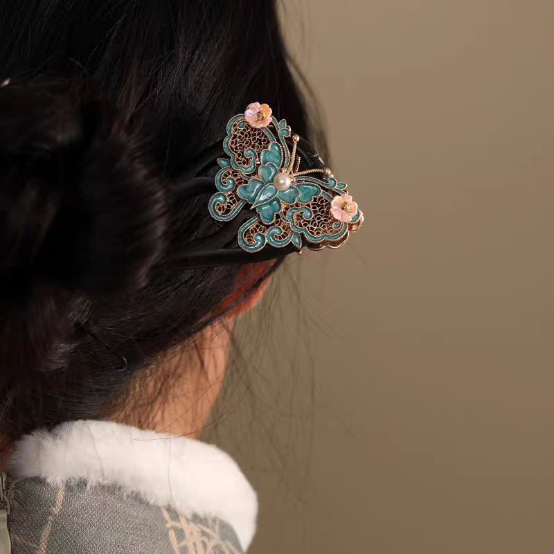 a948【双碟】15公分U型原创新中式风双面蝴蝶发簪百搭古装旗袍发饰