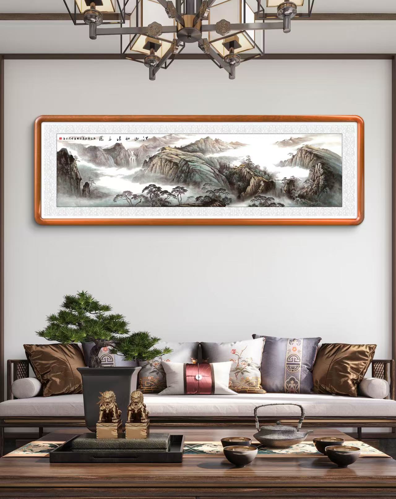 《江山如此多娇》175X55实木榫卯画框高端客厅卧室玄关装饰画挂画