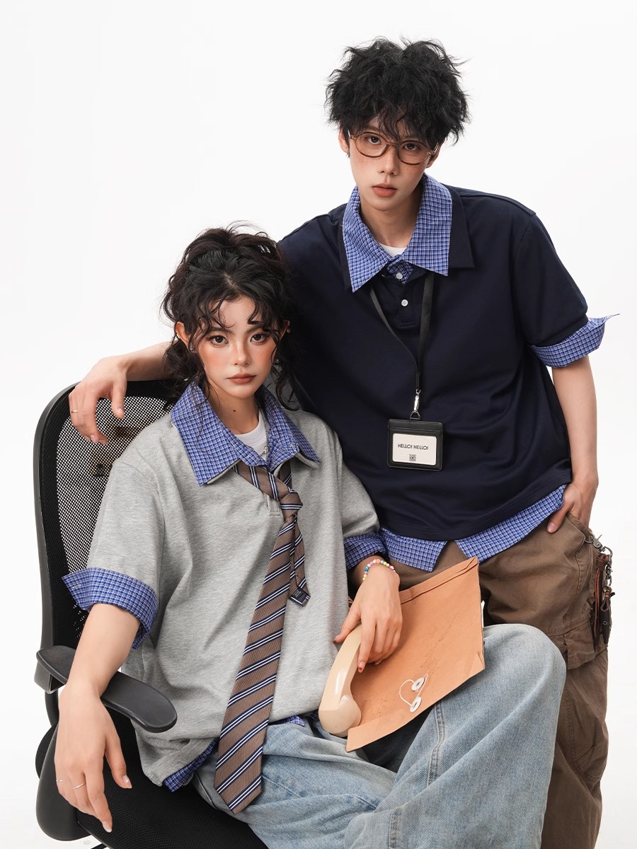 美式假两件格纹POLO短袖女男夏季复古学院风宽松休闲百搭T恤日系