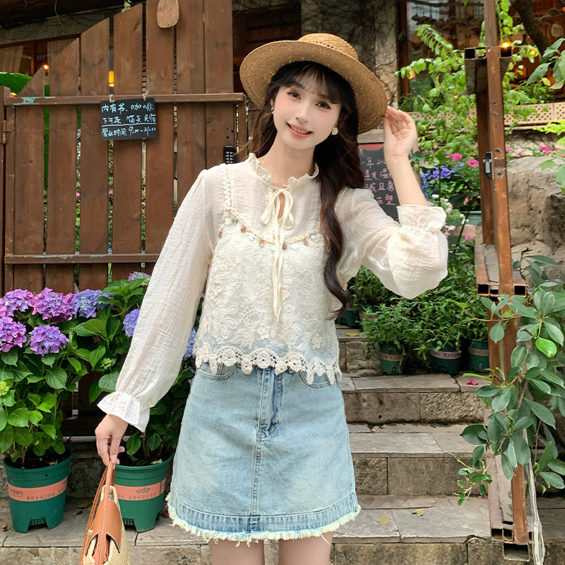 【两件套】韩系木耳领长袖衬衫女夏季新款亮片设计感吊带背心两件套