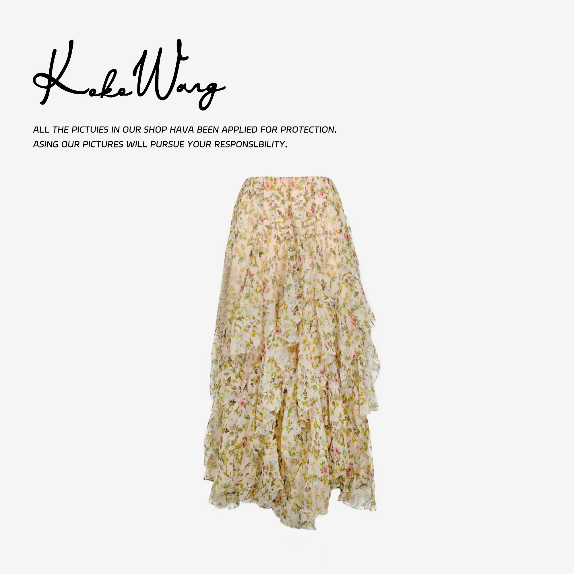 KOKO WANG夏季8姆米桑蚕丝真丝顺纡蛋糕碎花半身裙525705C08Q41