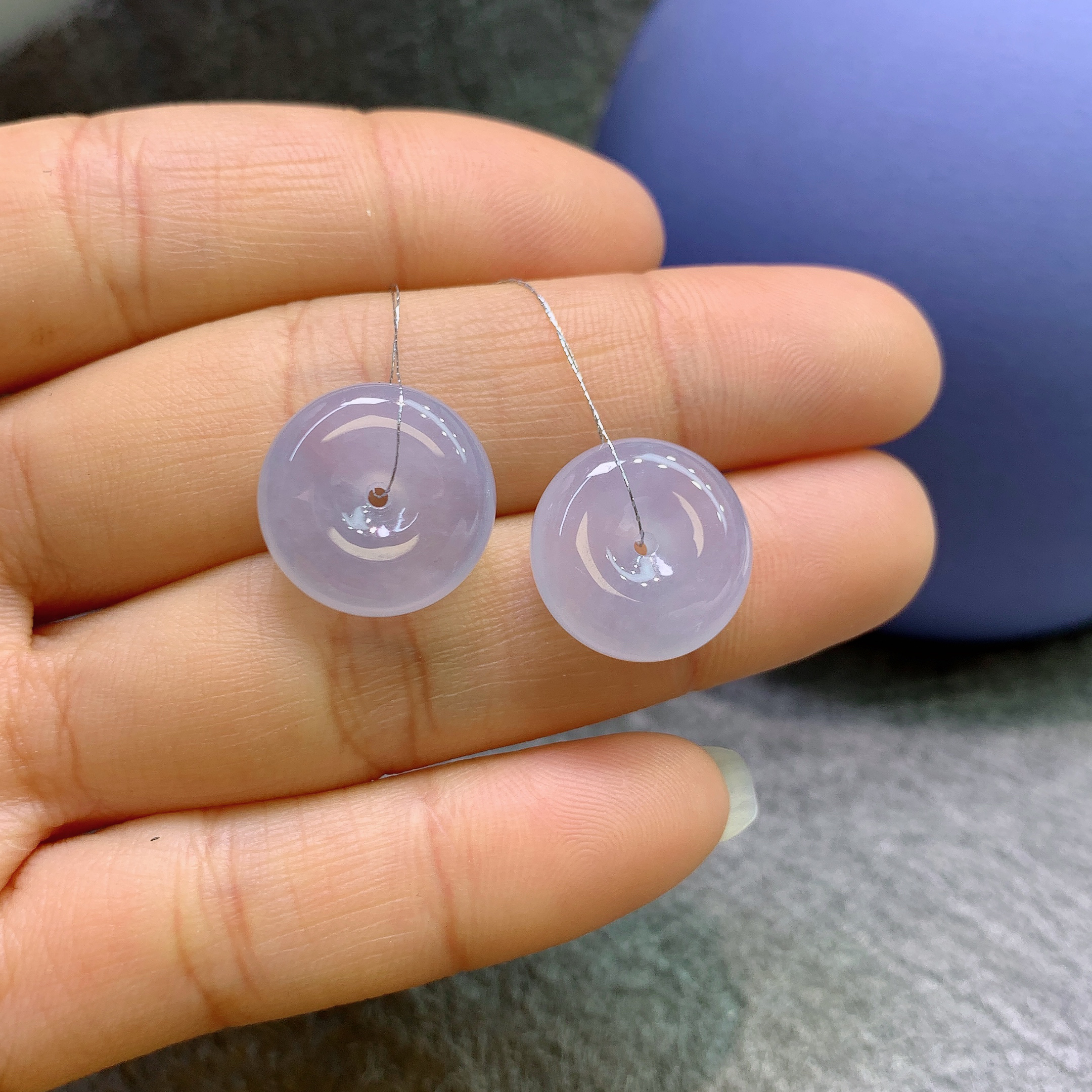 缅甸天然翡翠A货高冰淡紫平安扣一对A737#