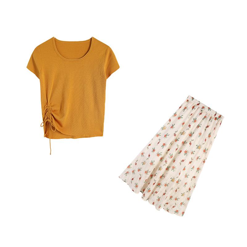 周周-夏季色上衣套装+杏色长半裙两件套大码女装ZL109929