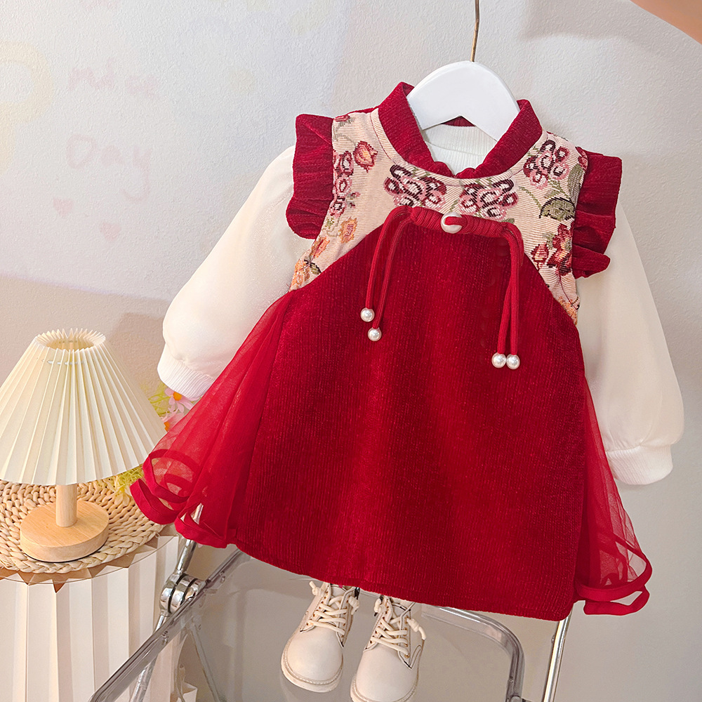 小童春秋连衣裙套装洋气女宝宝2024新款中国风公主裙子两件套秋D