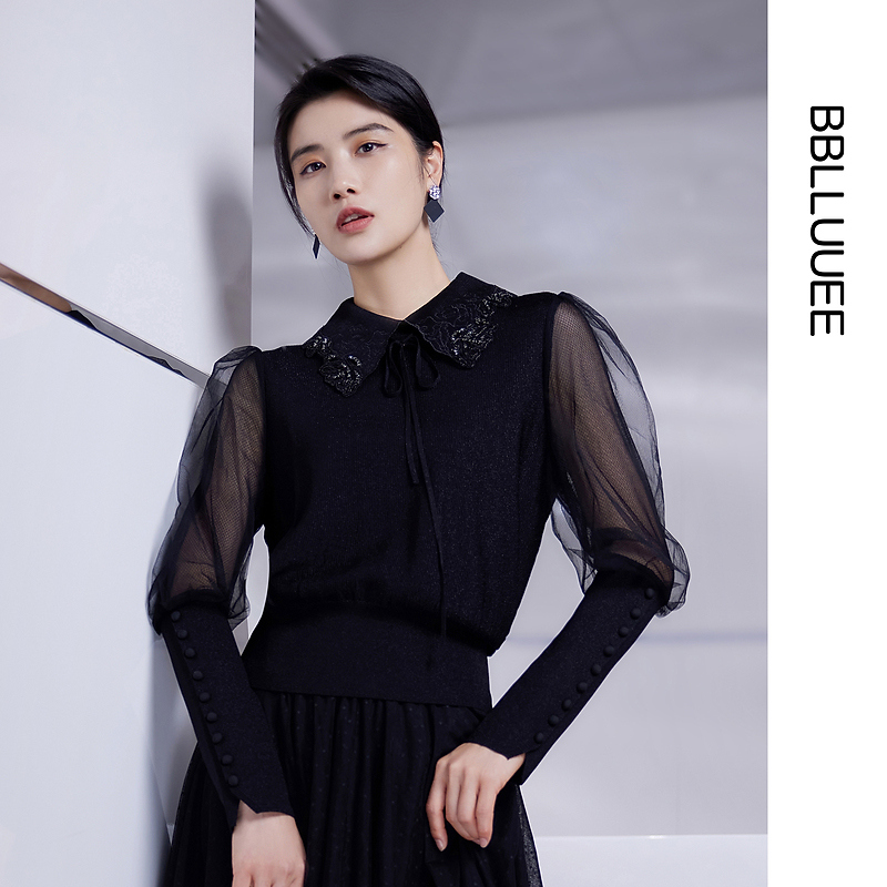 【晨粉专享价】【商场同款网纱针织衫】BBLLUUEE/粉蓝衣橱秋冬装复古