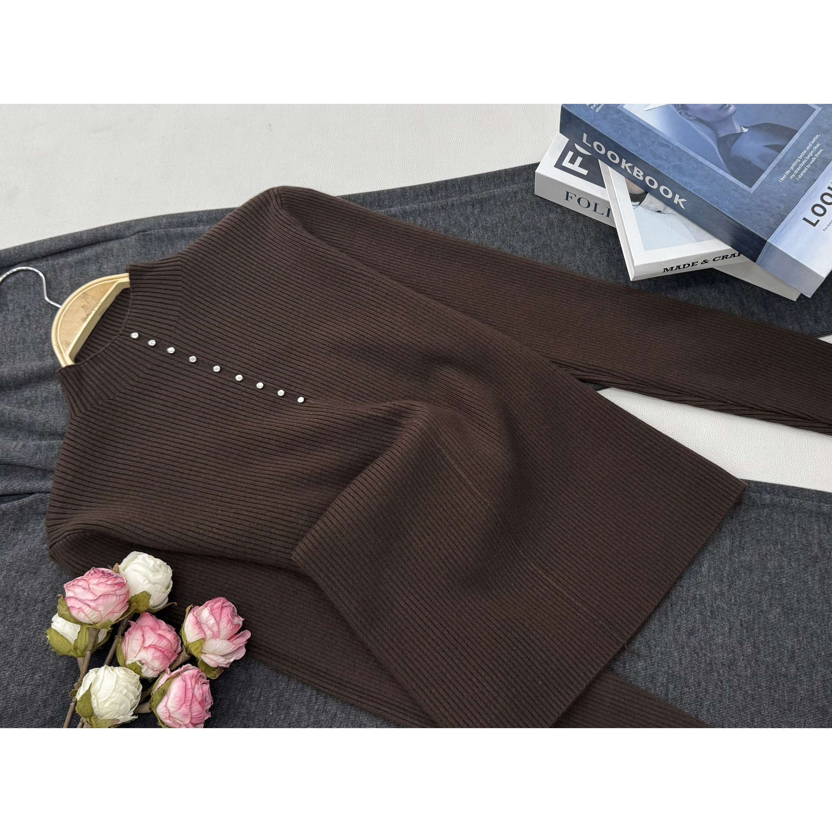 【咖色小金豆套头】秋冬新款时尚长袖针织上衣QC6094