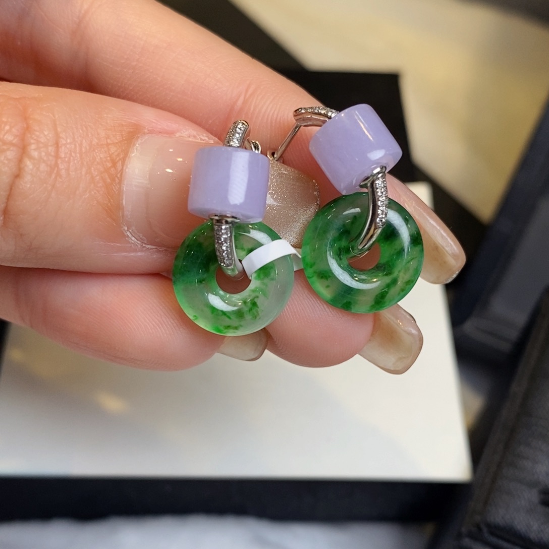翡翠耳饰18K金镶嵌甜甜圈➕冰紫小桶珠耳扣