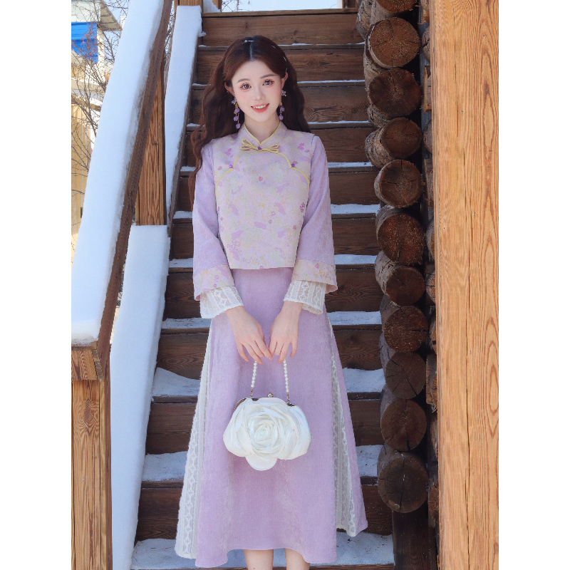 瑶西【锦花宴】紫色暗纹提花汉元素秋冬裙子国风汉服新中式马甲套装