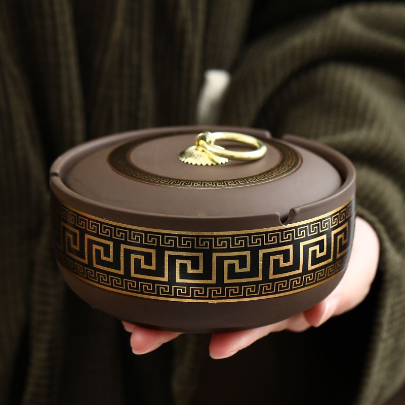 紫砂烟灰缸带盖高级家用办公室客厅摆件创意个性烟灰缸防风防飞灰