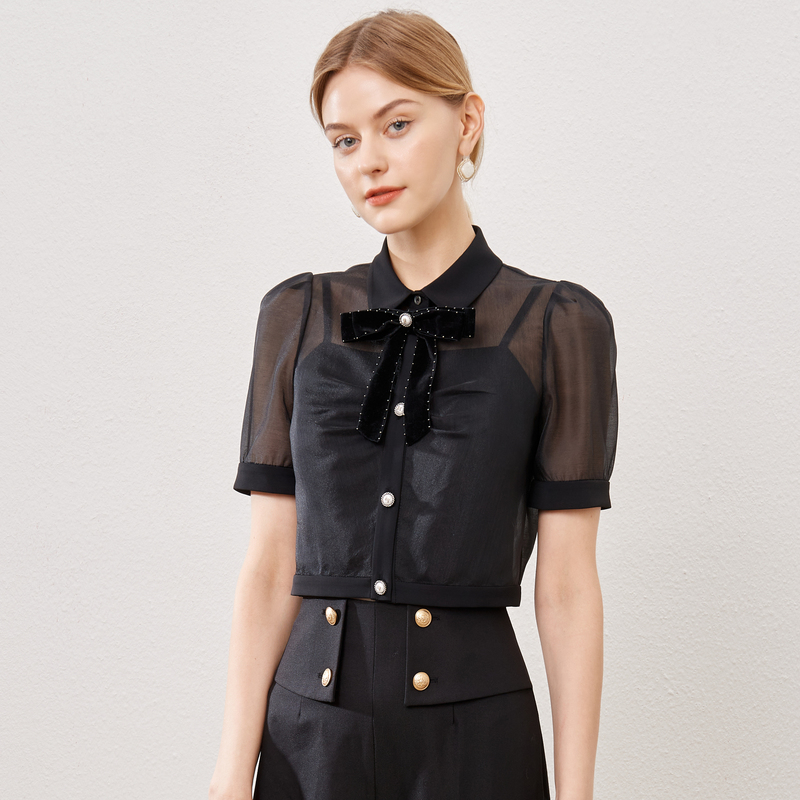 【老板娘夏天】恩曼琳春夏翻领蝴蝶结短款薄款雪纺衫上衣女EANCBI