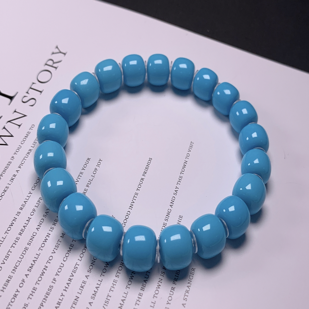 湖北十堰精品原矿绿松石云海寺高瓷蓝老型手串9.8mm23.6g蓝色