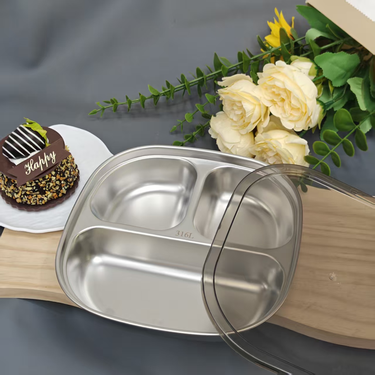 哈哈大笑三格带盖分餐盘1个【汤家限定】