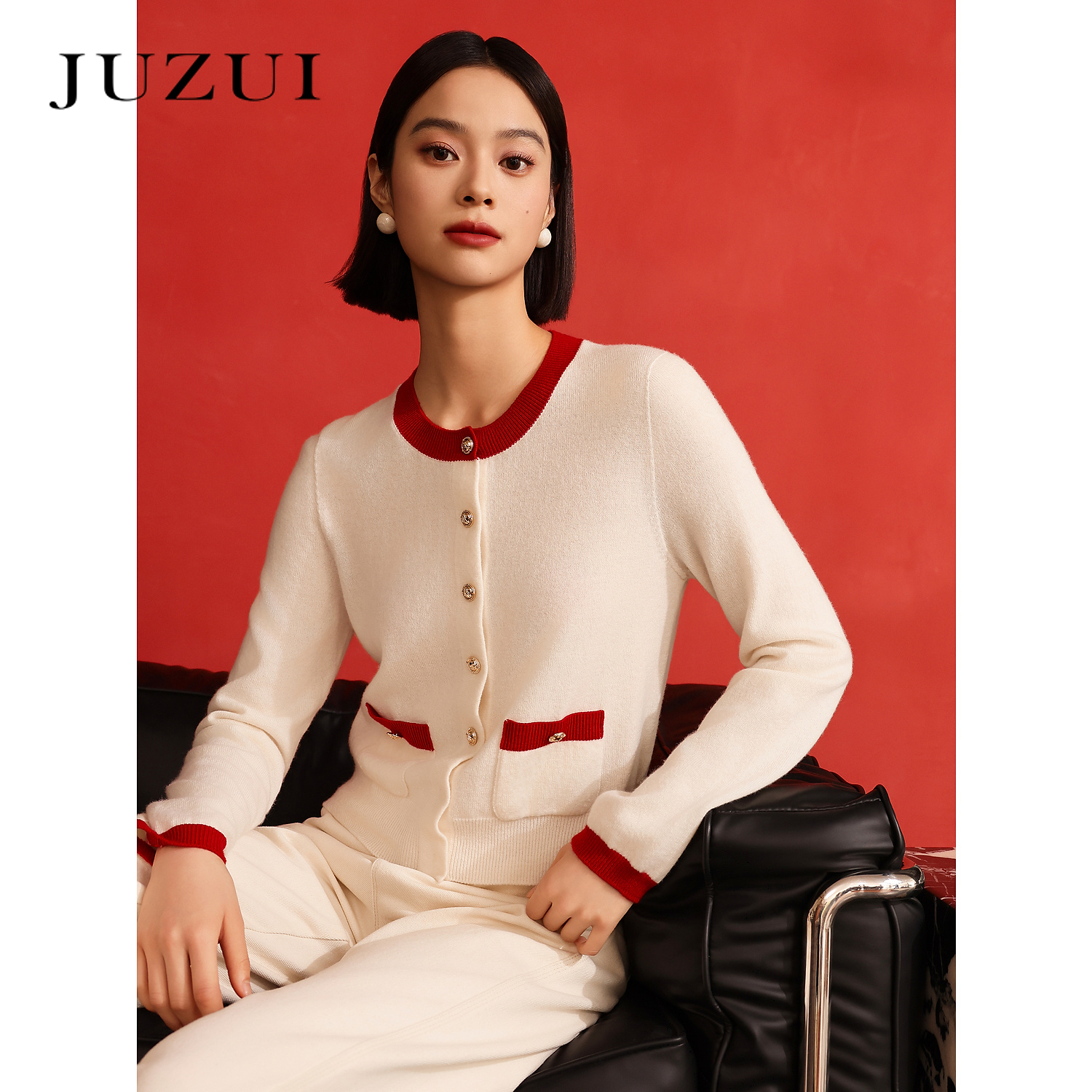 商场同款JZ玖姿休闲撞色全羊毛针织衫女装2024秋季JWEQ30629