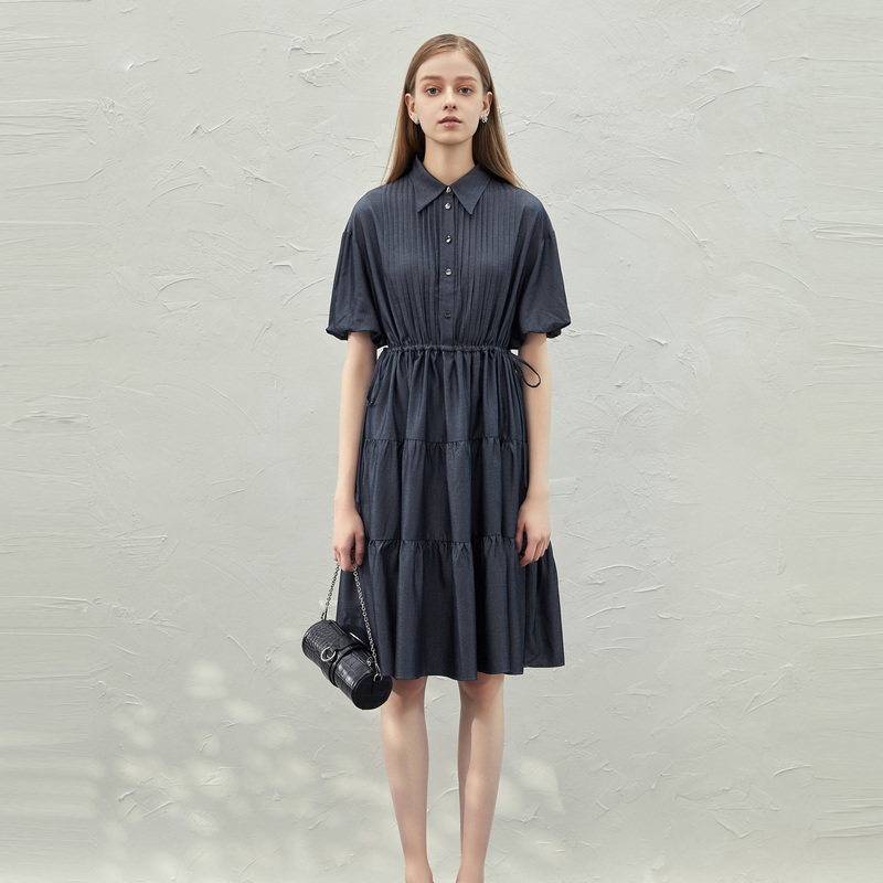 圣迪奥时尚夏季女装学院风风琴褶收腰衬衫气质连衣裙S232Z12GH