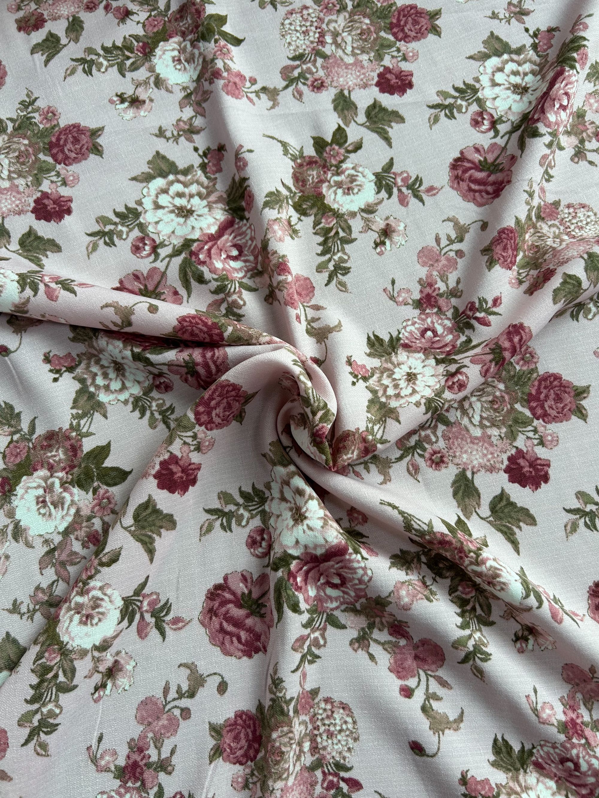 76-蔷薇花温柔风天丝麻印花面料 柔和亲肤 精梳精纺 多拍连裁