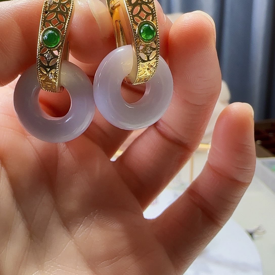 翡翠耳饰银S925镶嵌天然缅甸