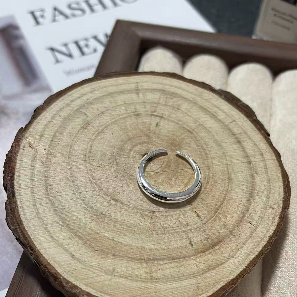 925银戒指 S925银「海王」单只光面开口戒指ins叠搭百搭指环