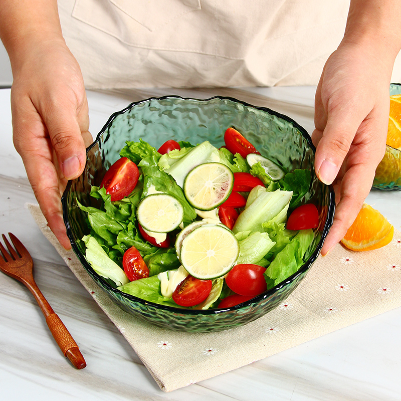 康舒创意玻璃水果碗耐热家用加厚简约轻奢墨绿色沙拉碗【自营】