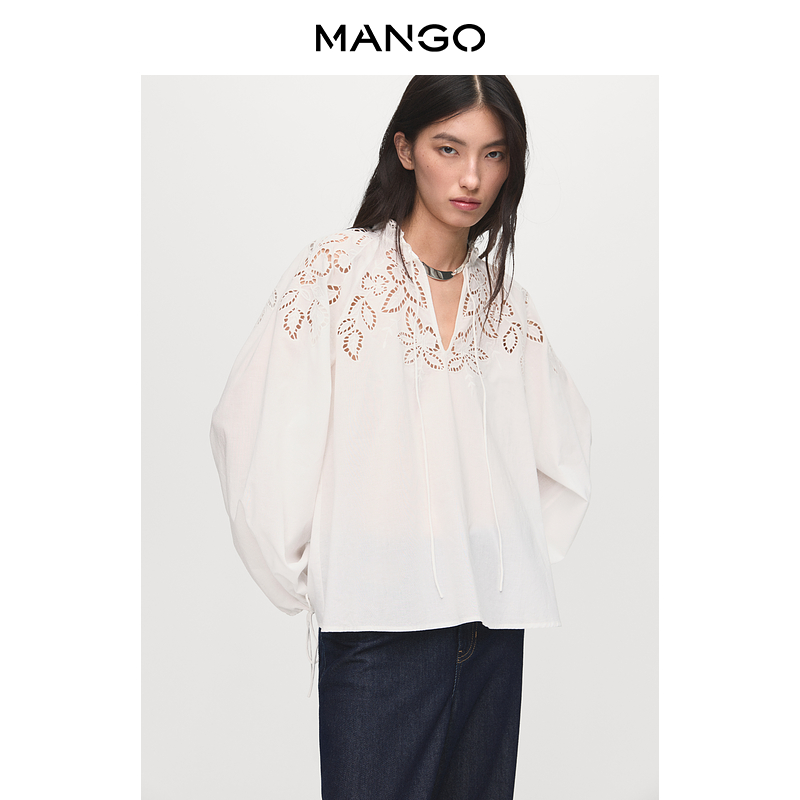 【Dark Grace】MANGO女装衬衫2025秋装新款法式镂空刺绣系带小衫