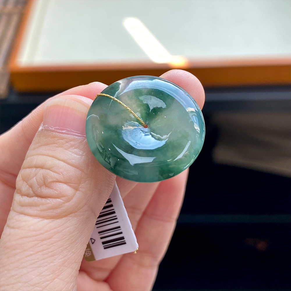 如意宝珠宝  天然冰飘绿花翡翠平安扣玉石吊坠A货正品珠宝BP229