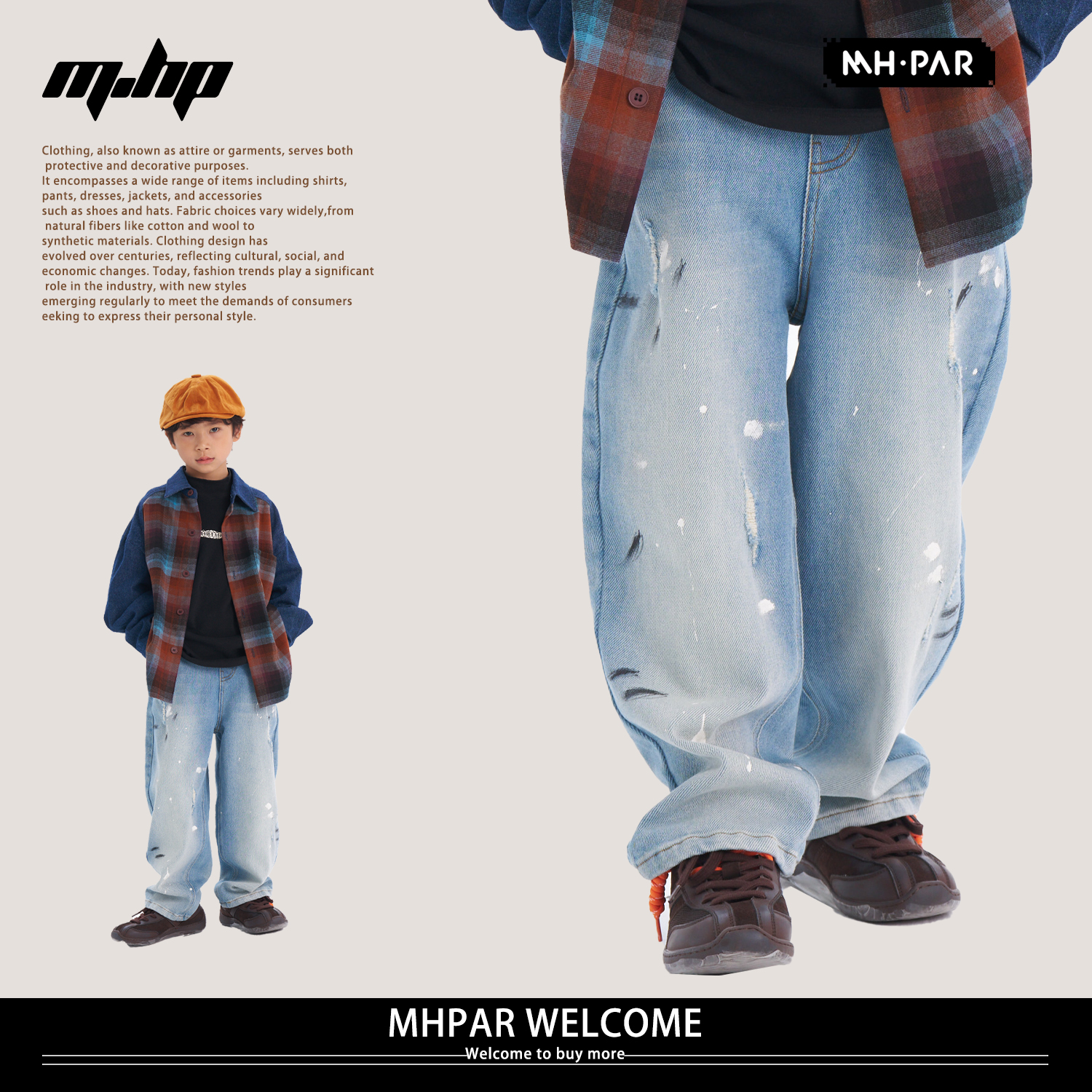 MHPAR麦哈派男童春秋款休闲浅蓝色复古涂鸦韩系牛仔裤253316