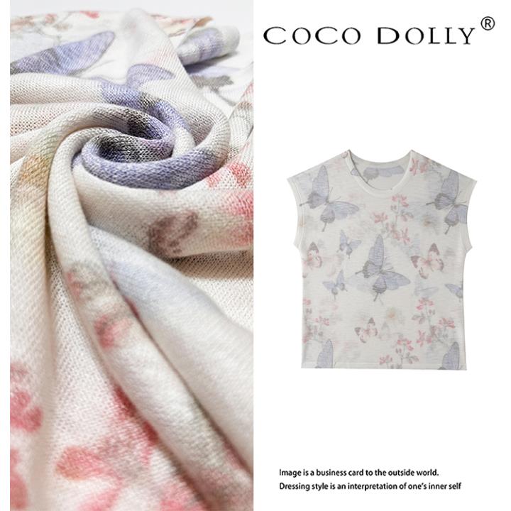 COCO DOLLY（现货）冰麻印花短袖T恤衫女圆领无袖宽松显瘦T恤421-1