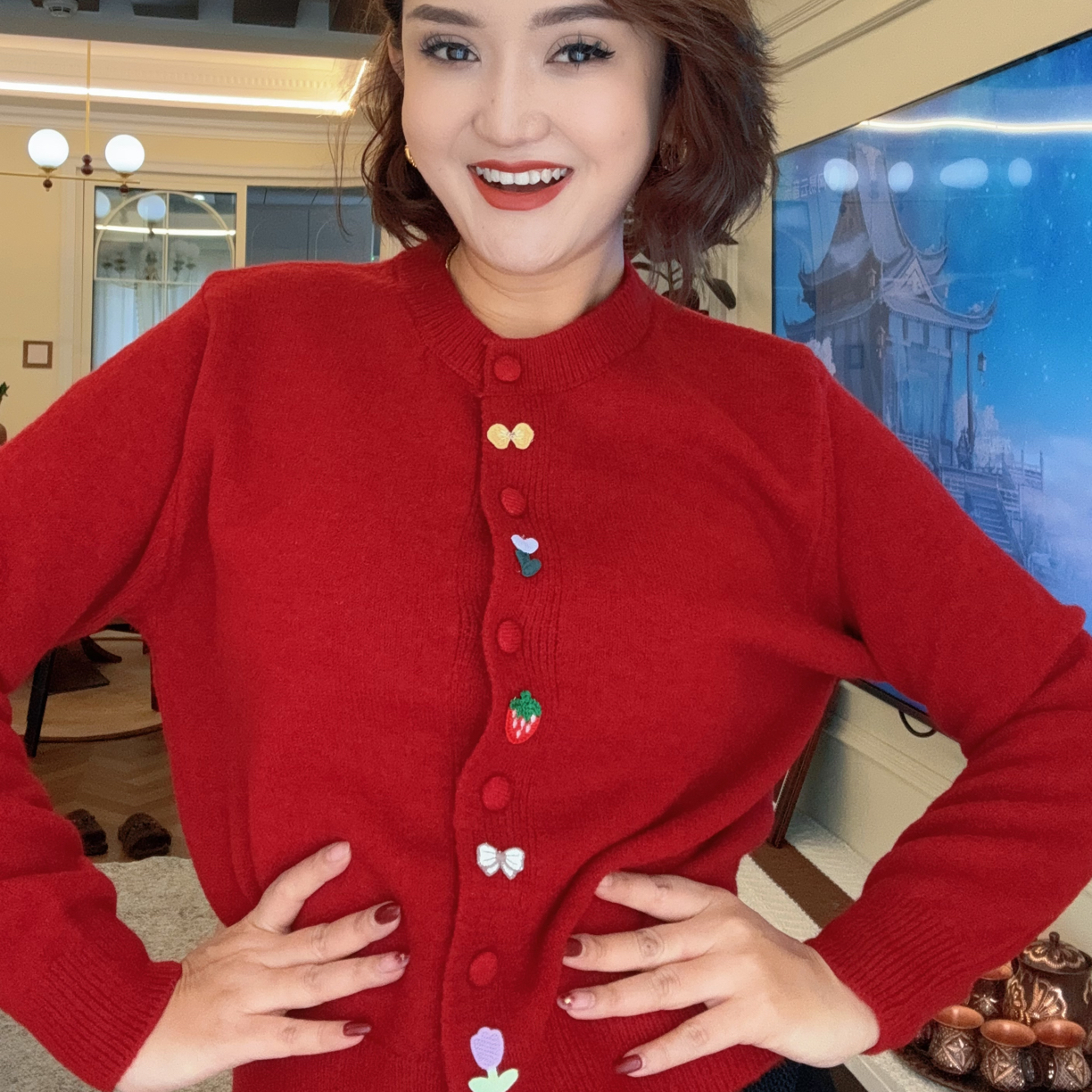 彩色纽扣圆领针织开衫女秋冬新款温柔风软糯显瘦慵懒毛衣外套上衣