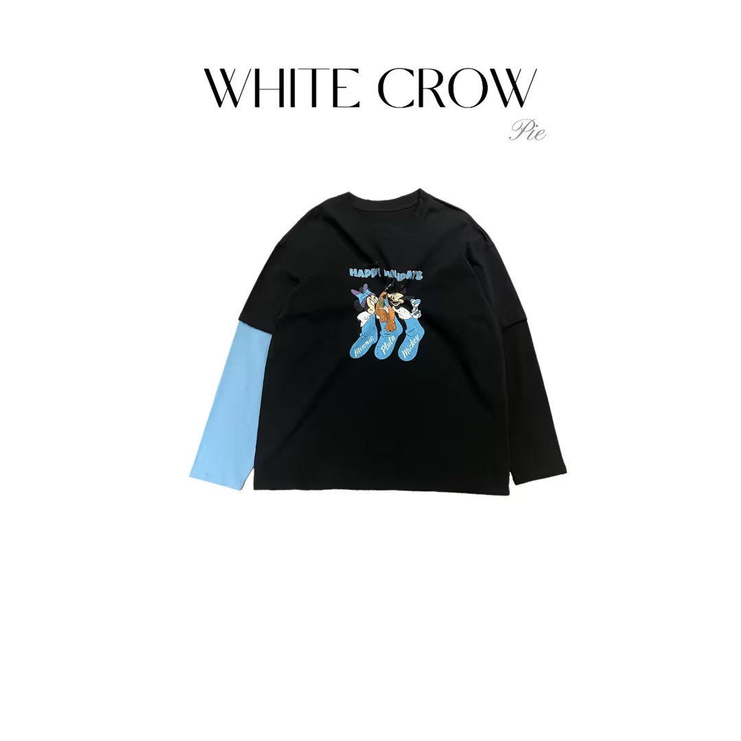 白乌鸦【袜子全家福】设计师假两件拼接长袖T55402