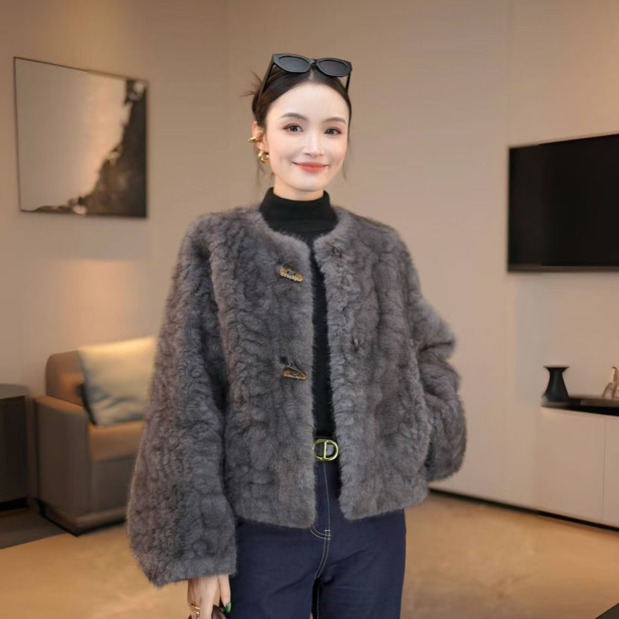 【小宇】灰紫色女士短款毛毛外套设计师冬季气质精致-BDP95233