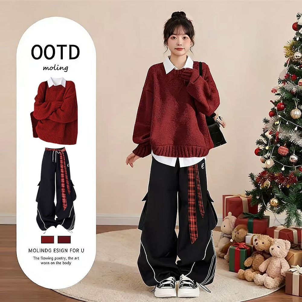 圣诞秋冬穿搭红色连帽毛衣2025年巨好看的冬装一整套本命年衣服女
