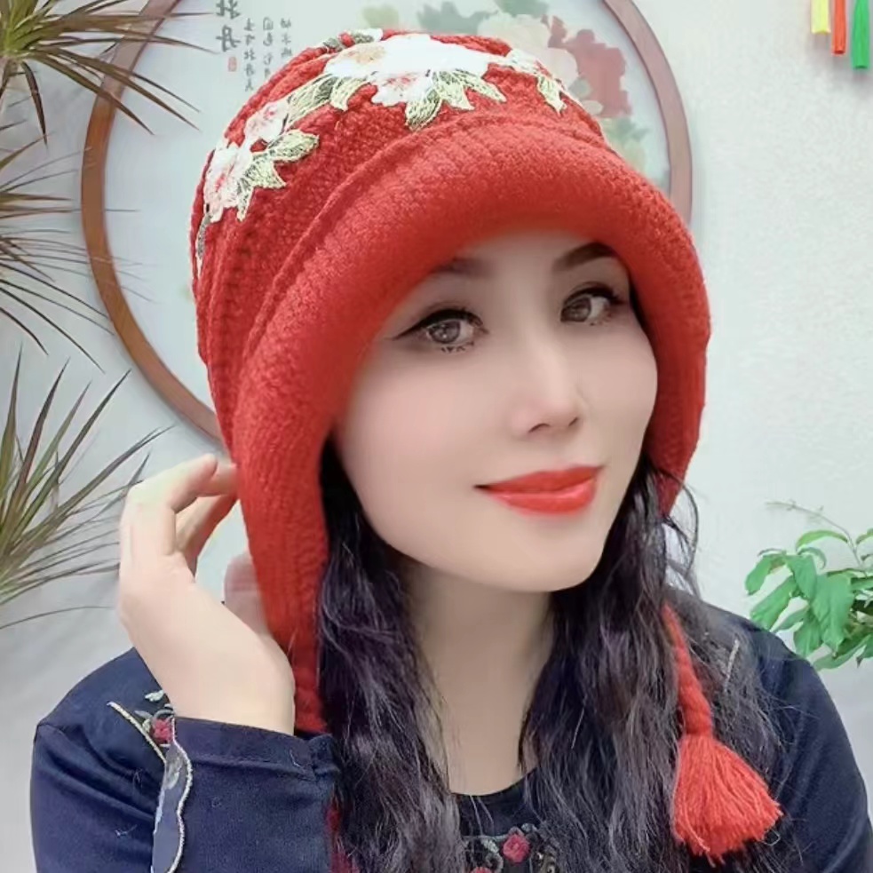 秋冬民族风手工编织绣花包头帽子女刺绣喜庆百搭针织帽2412