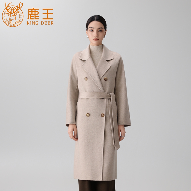 【小山羊绒系列】鹿王女翻领100山羊绒双排扣系带长款大衣 LX1029