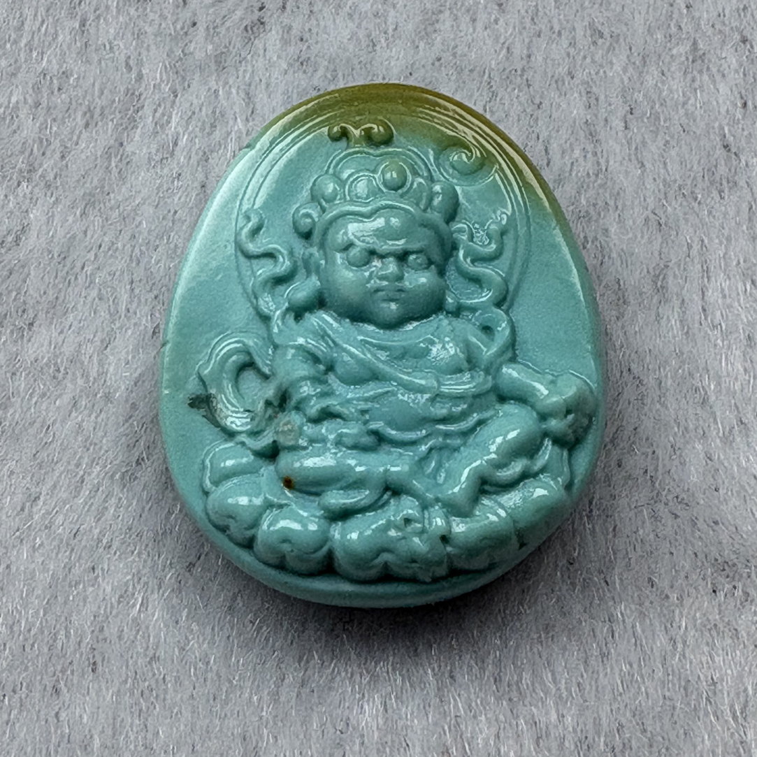 天然原矿绿松石精工雕刻春黛彩财神吊坠挂件
