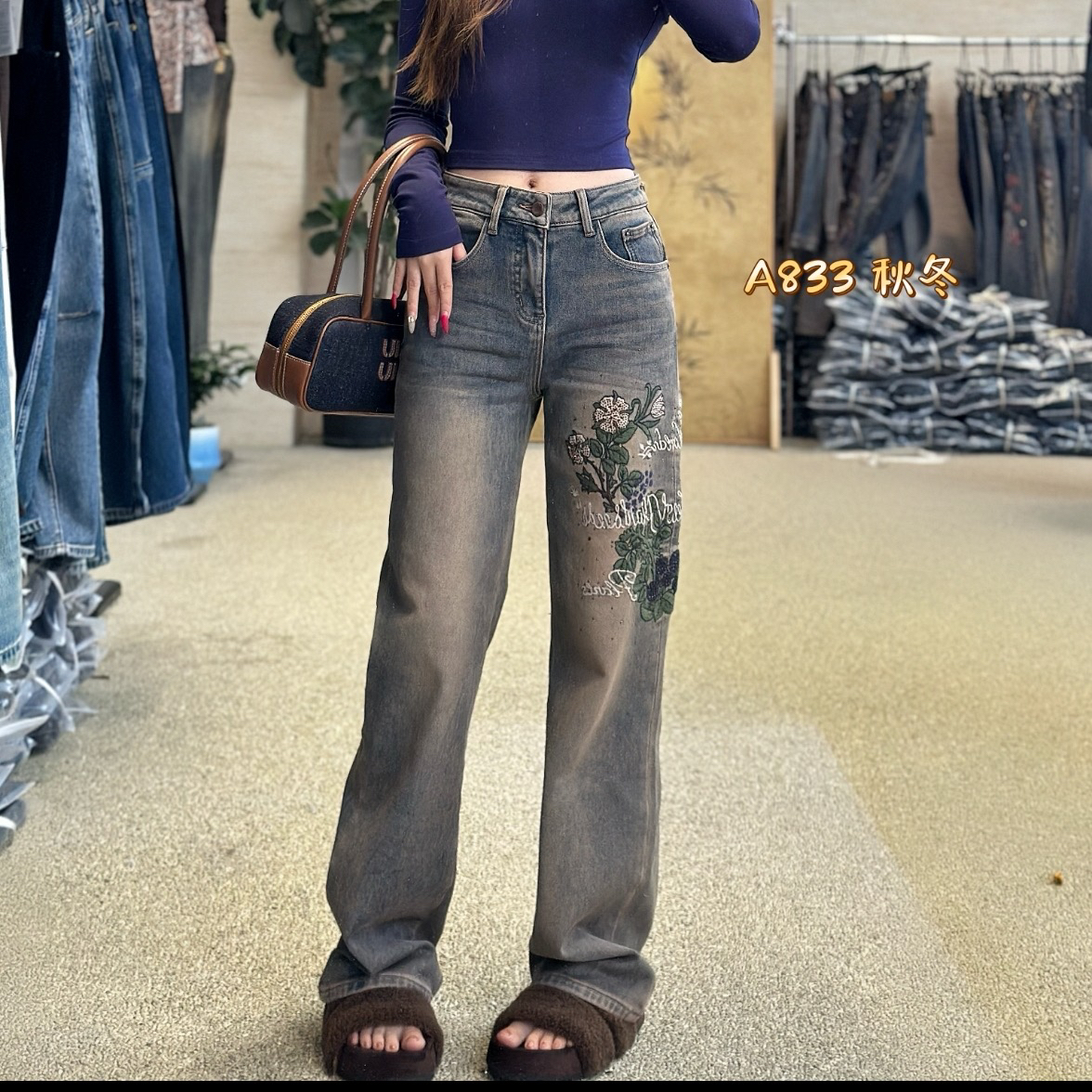 超然冬季新款重工刺绣植绒提花烫钻加绒高腰显瘦直筒牛仔裤显腿长