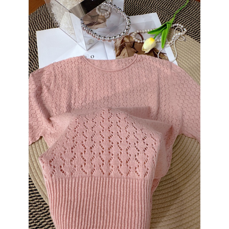 004法式优雅镂空藕粉色短袖宽松针织衫度假风上衣女T恤夏季