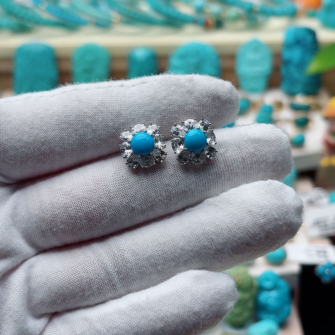 绿松石银S925镶嵌耳饰