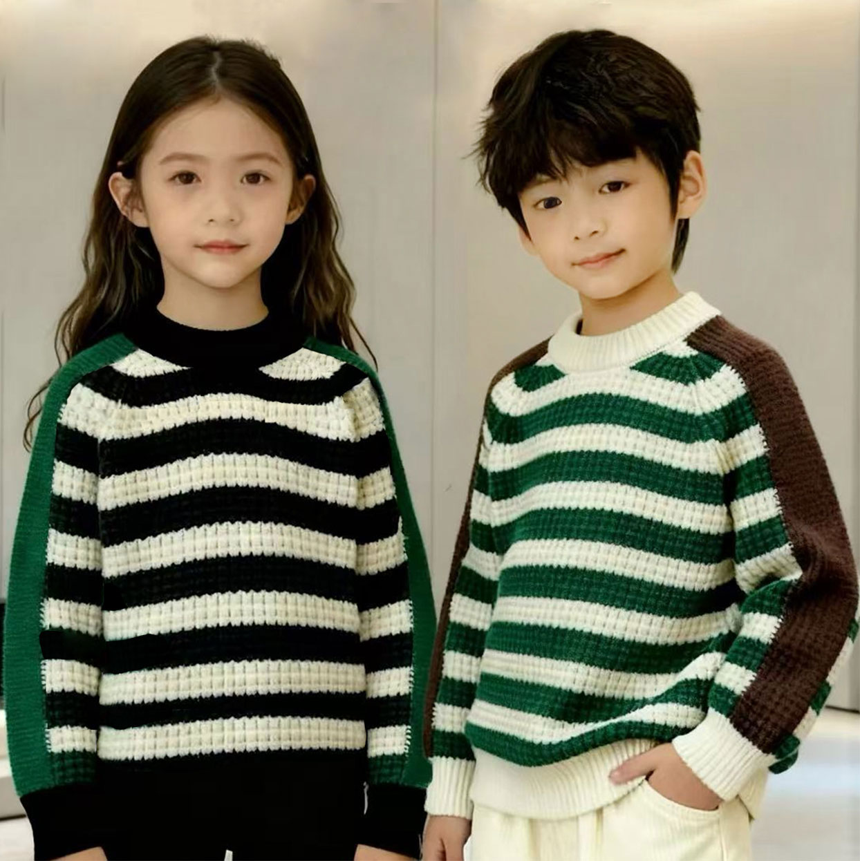 2025年儿童圆领毛衣男女童秋冬季加厚款条纹套头洋气针织衫