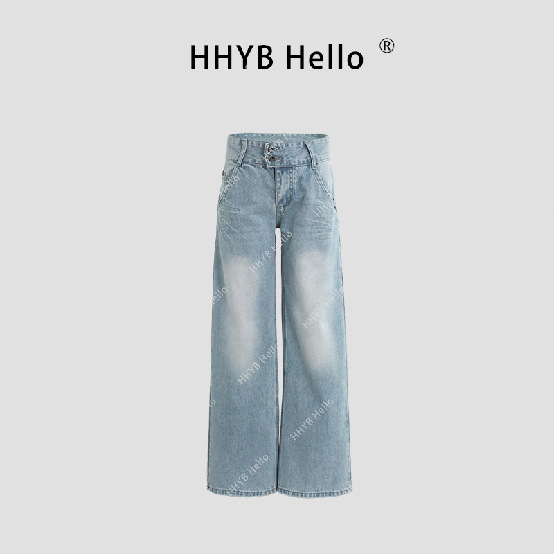 HHYB Hello2025简约休闲中低腰微喇水洗直筒阔腿牛仔裤Q254053