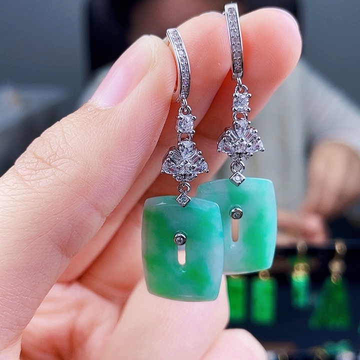 翡翠耳饰银S925镶嵌饰品