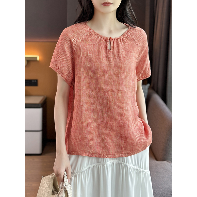 左左家 文艺减龄小衫~定染细格色织软亚麻宽松圆领泡泡袖休闲衬衫