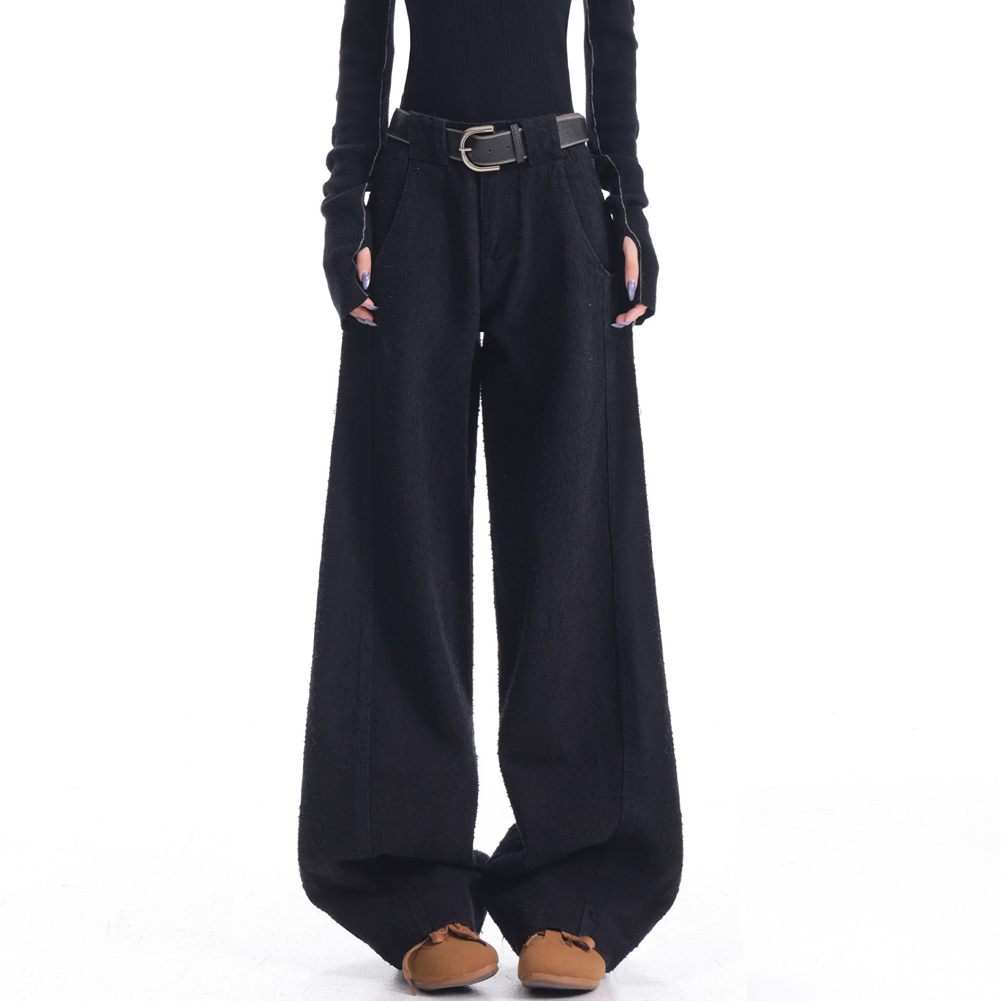 KEN STUDIO黑色阔腿牛仔裤女提花工艺设计感宽松显瘦拖地裤长裤子